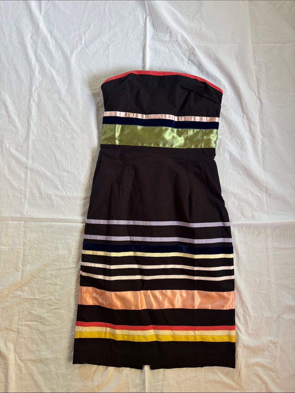 Anthropologie Black Strapless Dress with Multicolor Satin Stripes